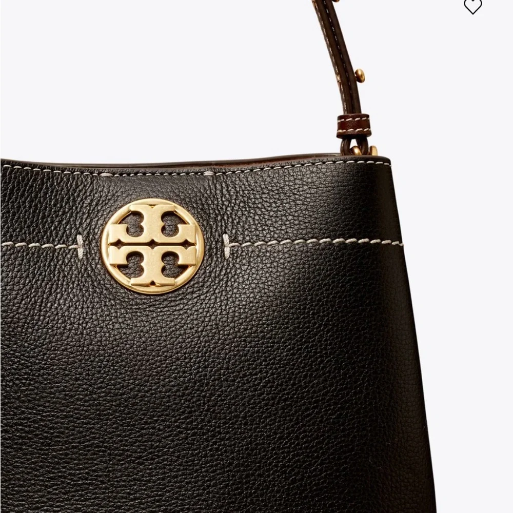 Tory Burch Black Leather Bucket Shoulder Bag with Gold Logo